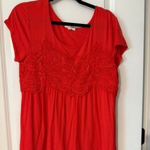 Maurice Bright Red Knit Shirt with Floral Lace Sz Medium